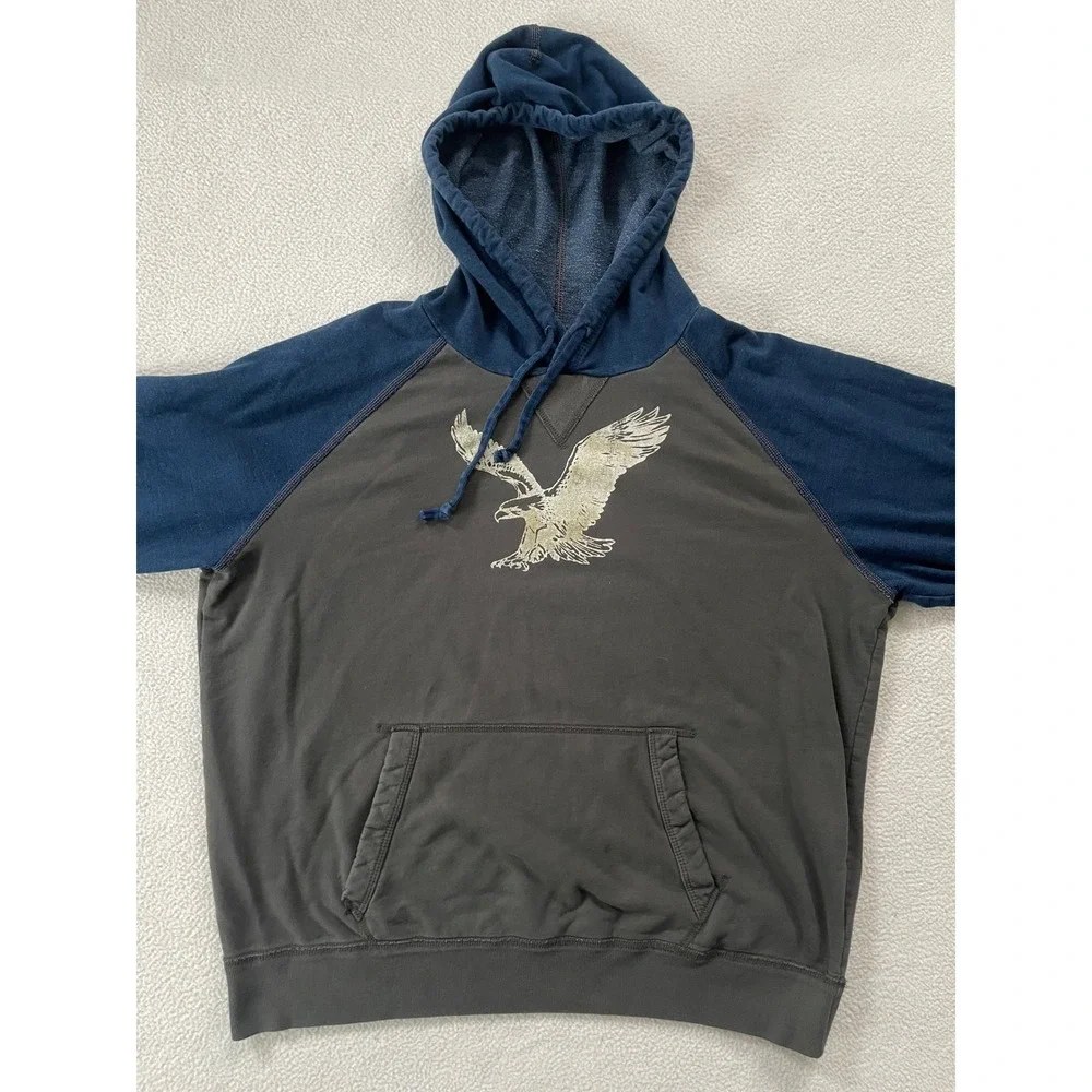 American Eagle Mens XL Hoodie Gray Blue Distressed Eagle Graphic Raglan Pullover
